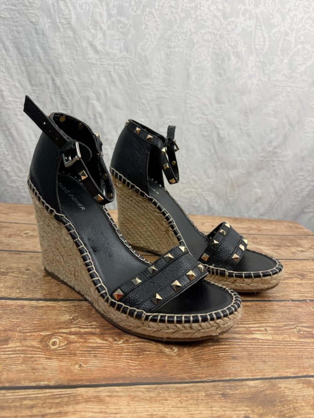 Marc Fisher Women’s Size 10 Black Studded Espadrille Wedge Sandals Ankle Strap